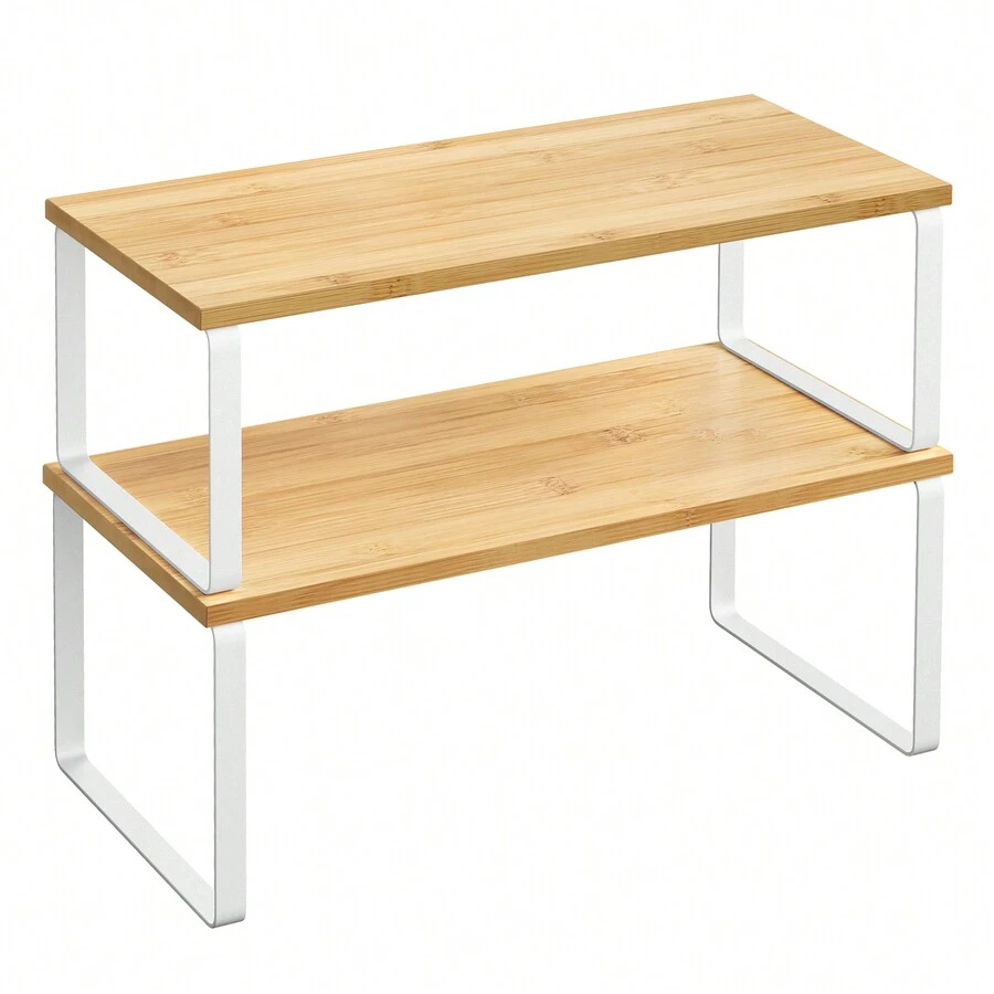 SONGMICS Étagère à Épices, Lot de 2, Organisateur de Placard, Étagère de Rangement de Cuisine Extensible, Porte-épices Empilable, en Métal, Bois d'Ingénierie - Blanc - Voir 1