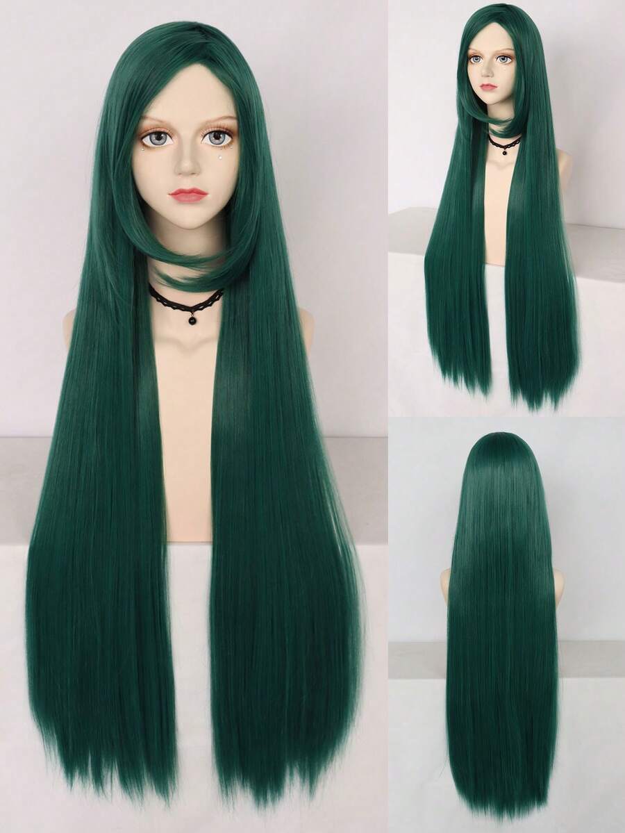 女性綠色假髮38英寸/100公分超長綠色假髮帶瀏海動漫cosplay假髮綠色假髮柔軟直髮髮片適用於聖派屈克節派對萬聖節裝扮假髮超長直髮髮片,送女性假日禮物,超長綠色女性瀏海日常聚會假髮和1入假髮帽 - 綠色 - 查看 1