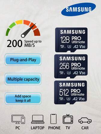 Samsung 三星原裝TF PRO MicroSDXC 512GB 256GB 128GB旗艦版記憶卡，附卡片讀卡器，支援V30 A2，讀取速度達200MB/S，適用於無人機TF卡。