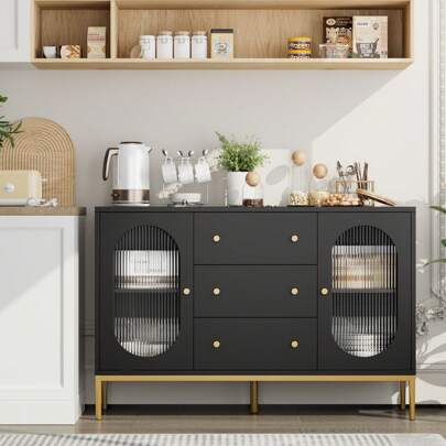 Furchen Aparador de Cozinha, Armário de Despensa de Cozinha, Aparadores para Sala, Móveis Auxiliares de Cozinha, Aparador de Sala de Jantar, Madeira, com 2 Portas de Vidro e 3 Gavetas, Branco, Preto, 120 x 38 x 80 cm