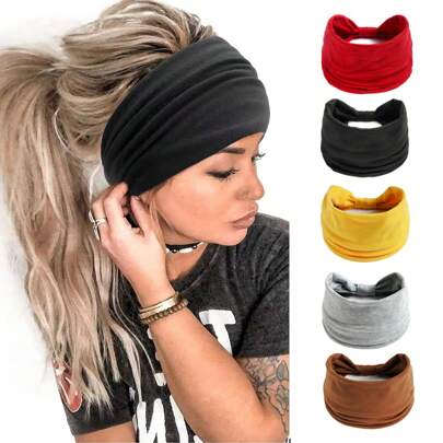 1条宽边高弹力发带，顶部打结，纯色简约风格，适合瑜伽、跑步、运动休闲，可作头巾、发带、吸汗带、学习用品、大学用品、女士发带、发夹、发饰