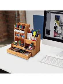 Organizador De Escritorio Con Cajón Para Oficina Madera Multiusos - Marrón - Ver 4