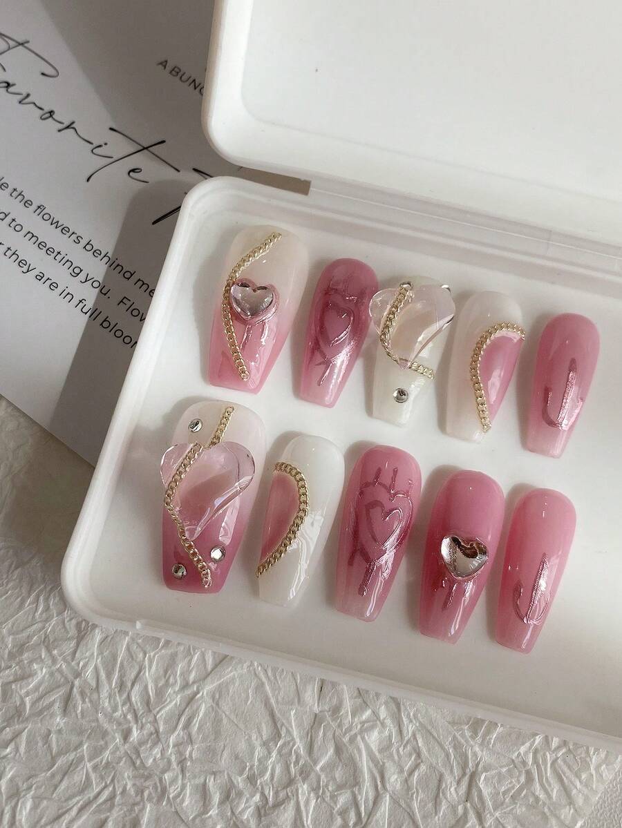10入組長棺材形狀人造指甲,漸層粉色和鑽石裝飾,甜蜜愛心氣泡和鏈式設計,安全壓貼,可重複使用的全套指甲護理用品,適合派對、女性、學生、上班族、跳舞、日常穿著,附帶1節果凍膠和1把指甲鋪修整棒 - 彩色 - 查看 1