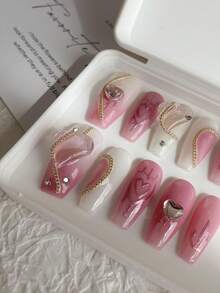 10入組長棺材形狀人造指甲,漸層粉色和鑽石裝飾,甜蜜愛心氣泡和鏈式設計,安全壓貼,可重複使用的全套指甲護理用品,適合派對、女性、學生、上班族、跳舞、日常穿著,附帶1節果凍膠和1把指甲鋪修整棒 - 彩色 - 查看 2