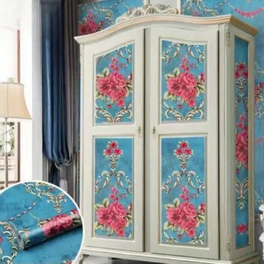 1 卷藍色花卉自黏壁紙接觸紙用於家居裝飾 - 藍色 - 查看 1