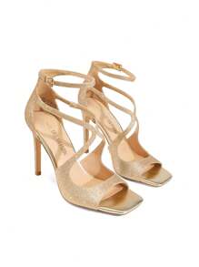 Women High Heeled Sandals Cross Strappy Sexy Stilettos Square Toe Ankle Strap Sandals For Prom, Party, Wedding - 金色亮片 - 查看 5
