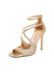 Women High Heeled Sandals Cross Strappy Sexy Stilettos Square Toe Ankle Strap Sandals For Prom, Party, Wedding - 金色亮片 - 查看 4