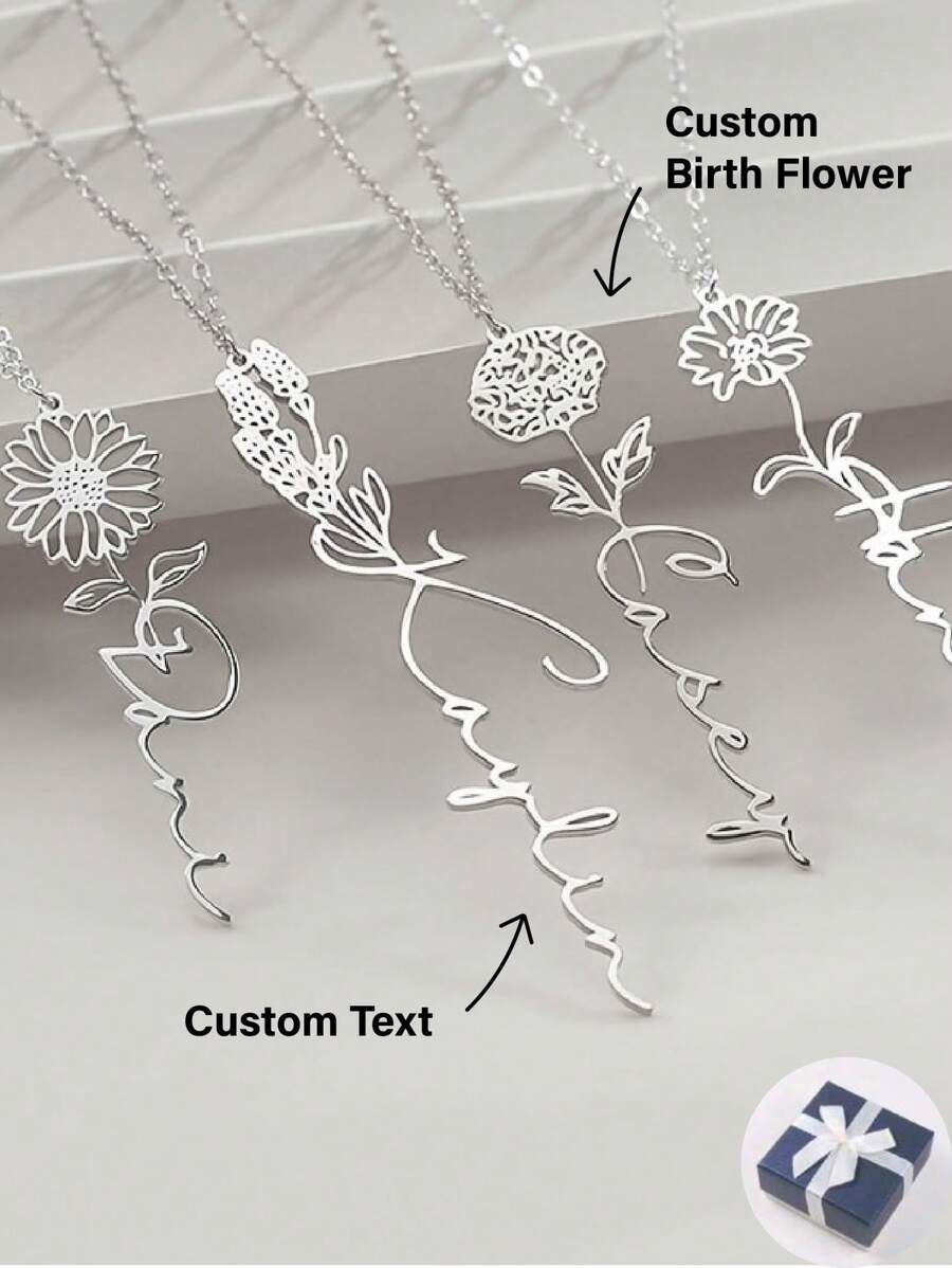 Personalized Name Necklace, Birthday Flower, Valentine's Day, Friend Birthday Gift, Diy Valentines,Silver,Stylish,Colorful,Vintage,Simple,Unisex,Casual,Cuties,Custom,Personalized,Unique,Ideal Gifts For Him,Ideal Gifts For Her,Her,Boyfriend,Girlfriend,Dad,Mom,Family,Friends,For Anniversaries,For Birthdays,For Graduation,For Prom,For Party,Stainless Steel Jewelry - Silver - View 1