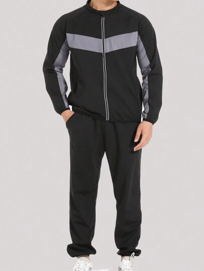 1 set pojkvänstil herr silverbelagd snabbtorkande ficka med dragkedja Colorblock Design Atletisk dräkt för sport, utomhus och fitness träningsdräkt