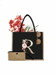 2 件/套简约花朵字母印花亚麻手提包，简约化妆包，大容量化妆包，圣诞礼物，多功能便携式教师手提包，教师感谢亚麻包，女性礼物，教师节礼物 - 黑色 - 查看 13