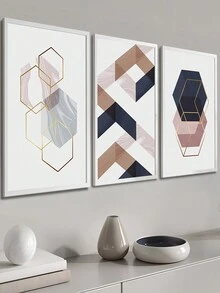 Kit 3 Quadros Decorativos Geométrico Azul Marinho Acinzentado Hexagonal Quarto Sala Casa Hall Escritório