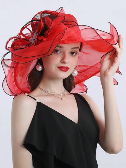 HIMESPORT Big Wide Brim Wedding Kentucky Fascinators Hats For Women Ladies Organza Fedora Hats Tea Party Church Fedoras Hat With Butterfly Flower