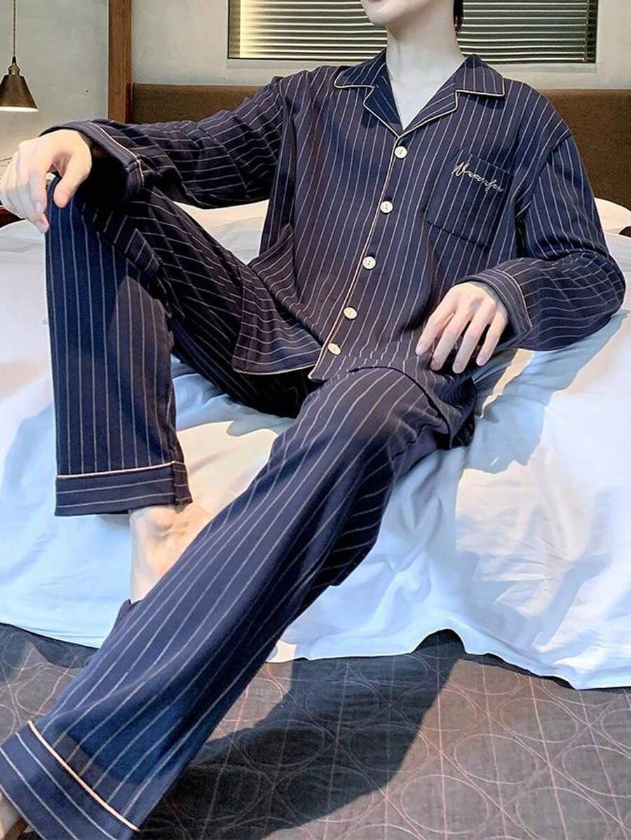 一套男士宽松长袖透气吸湿春秋季上衣和裤子睡衣套装，前开襟纽扣，秋冬服装 - 藏蓝色 - 查看 1