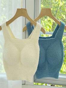 Women's Korean Style Fluffy Crop Top Tank Top - Black - View 5