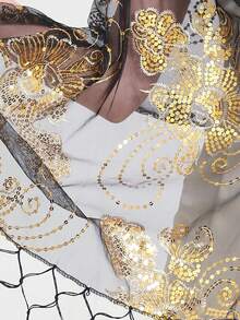 純色花邊手工披肩針織珠子亮片派對圍巾,新娘婚禮包裹,花卉長頸巾,舞蹈披肩 - 黑色 - 查看 3