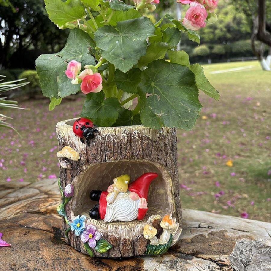 1入組/個紅帽小矮人花盆庭院雕像花園糯米糍裝飾雕塑樹脂戶外裝飾,獨特的花卉種植盆,庭院用品,假日用品,樹脂工藝藝術品適用於露台,草坪,庭院藝術裝飾 - 灰色 - 查看 1