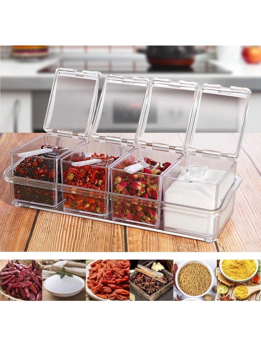 Set 4 Especieros Acrílico Organizadores Multiusos Incluye Cucharas y Soporte