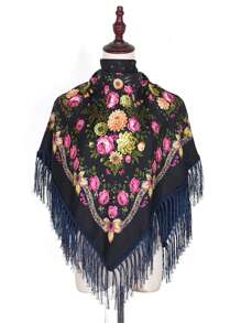 43.3"*43.3" 女士印花牡丹花披肩，红色、黑色和多色，复古传统风格，时尚、温暖、优雅，是秋冬季波西米亚风送给妈妈的完美礼物 - 彩色 - 查看 26