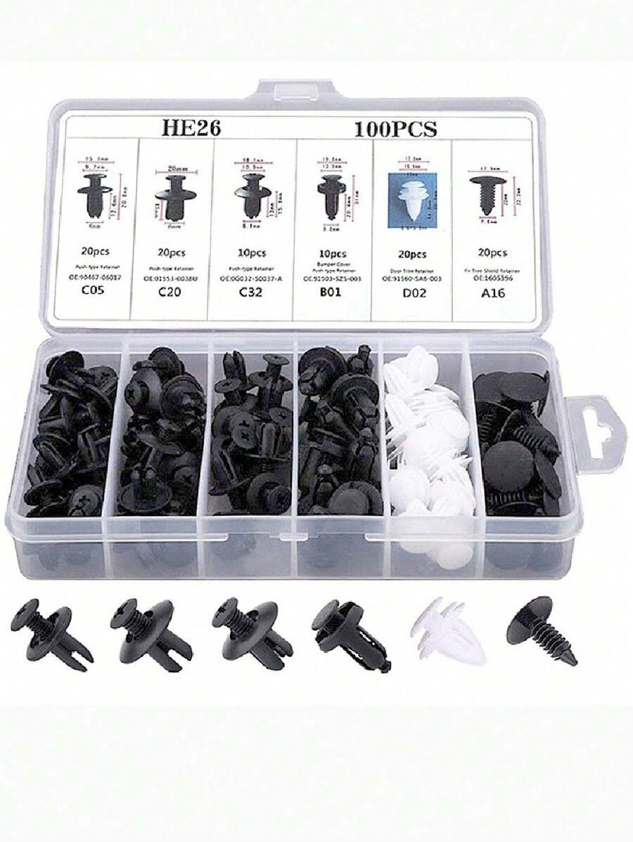 100pcs Bumper Retainer Clips, Car Plastic Rivets Fasteners Push Retainer Kit Most Popular Sizes Auto Push Pin Rivets Set -Door Trim Panel Fender Clips - Black and White - View 1