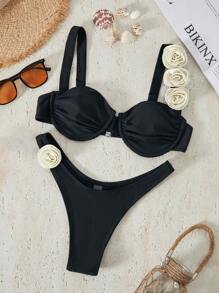 Bikinx Bộ bikini nữ phối màu với gọng thép, họa tiết hoa 3D, xẻ tà gợi cảm, thích hợp cho kỳ nghỉ hè ở bãi biển. - Xem 2