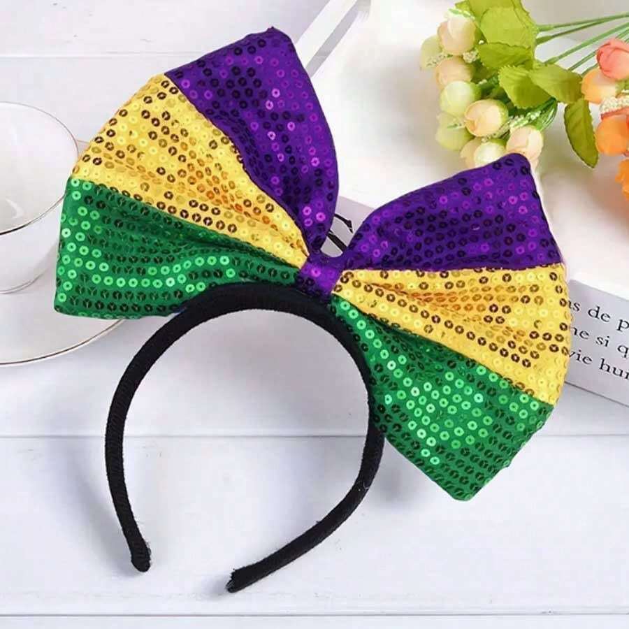1頂狂歡節彩帶頭箍,綠色、金色、紫色亮片彩帶頭箍,聖帕特裡克節裝飾性頭箍,生日嘉年華派對髮飾,假期用品 - 彩色 - 查看 1