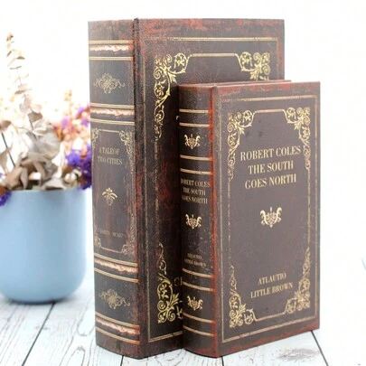 2入組木製pu皮革書形桌面裝飾,印有英文經典書籍封面設計,可作為存儲盒,珠寶盒,藏有秘密的隱藏式隔層,可存儲珠寶,紀念品和禮品