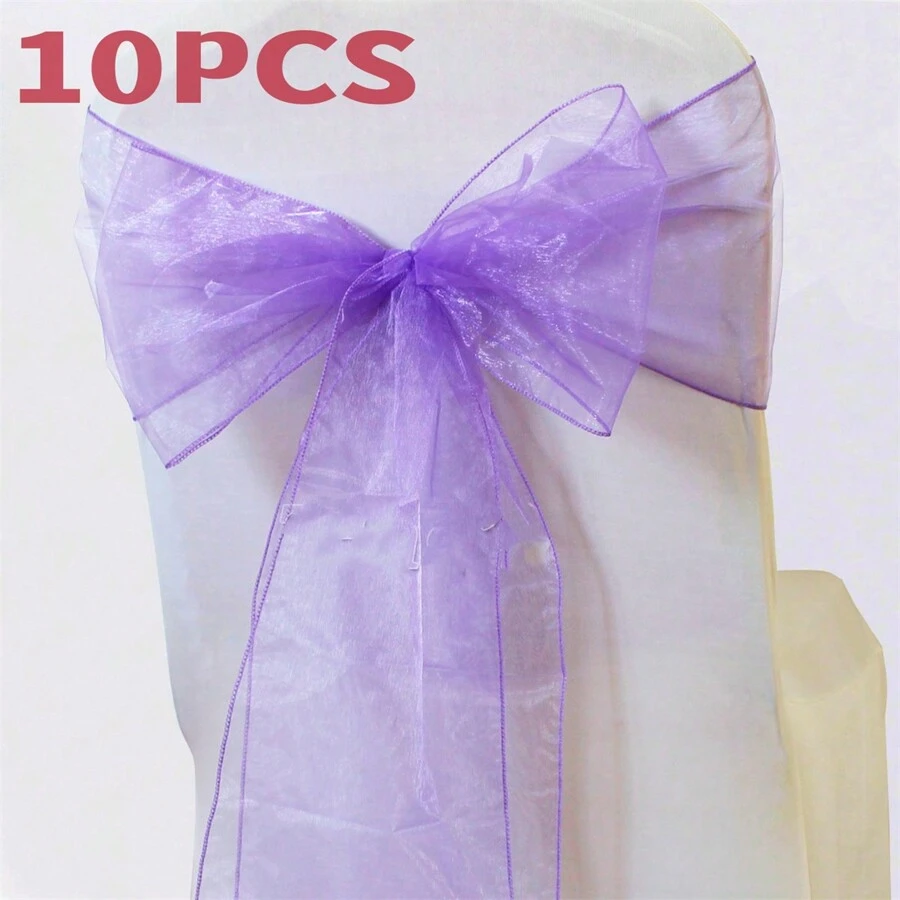 10入組淺紫色雪紡椅帶配蝴蝶結,用於婚禮、派對、宴會裝飾。diy自綁寬18cm,長275cm的蝴蝶結,適用於室內和室外活動以及各種節日。