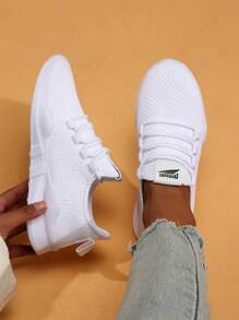 Ladies Trainers Minimalist Sneakers Neutral Outdoor Walking Leisure Shoes Lightweight Casual Shoes Lace Up Mesh Sports Shoes White