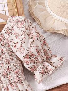 Left Mama Tween-Mädchen Süßes Prinzessinnenkleid mit quadratischem Ausschnitt und Puffärmeln, Blumenmuster, Sommerkleid