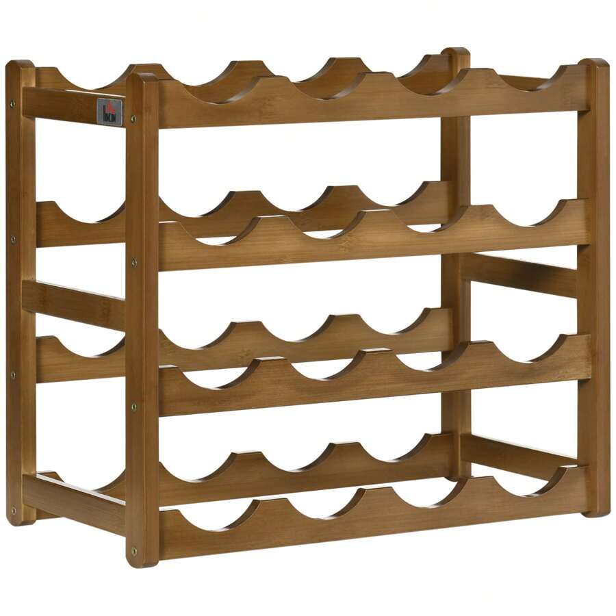 HOMCOM Free Standing Bamboo Wine Rack With 16 Bottles Holder, 4-Tier Water Bottle Organizer, Display Shelf For Countertop, Home Bar, Brown
