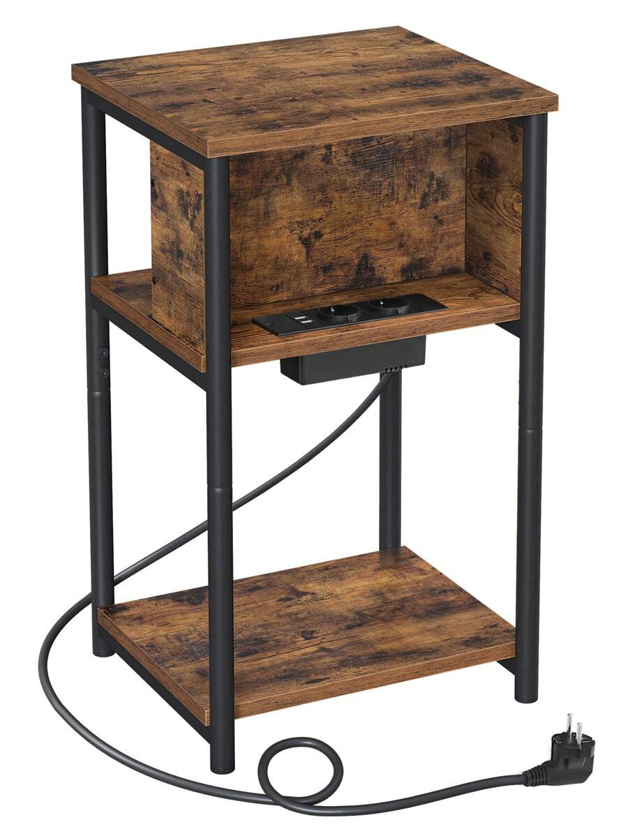 Table d'Appoint - VASAGLE - 2 Prises CA - 2 Ports USB - Marron Rustique et Noir/Noir/Marron Camel et Noir - Tabac - Voir 1