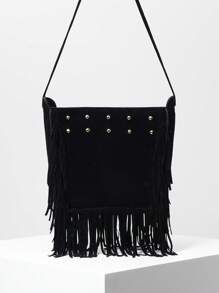 波西米亞流蘇包,復古流蘇裝飾斜挎包,時尚龐克風格鉚釘肩包,西式皮夾 - 黑色 - 查看 1