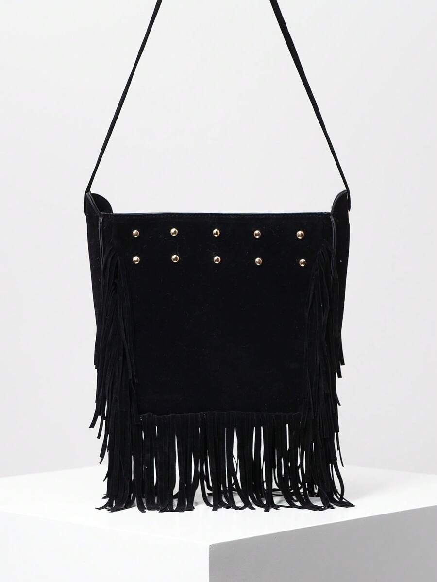 波西米亞流蘇包,復古流蘇裝飾斜挎包,時尚龐克風格鉚釘肩包,西式皮夾 - 黑色 - 查看 1
