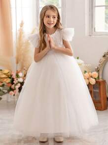 少女白色蝴蝶结短袖派对礼服，优雅公主裙，适合女孩生日派对、婚礼、花童、舞会等场合。 - 白色 - 查看 5