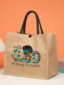 Juego De 2 Bolsas Grandes De Yute De Gran Capacidad Con Estampado De Letras, Bolso De Hombro De Impresión De Letra, Bolso Casual Para Mujeres, Bolsa De Compras Y Regalo. Juego De Bolsas De Yute Con Estampado De Letras, Bolsa De Hombro De Impresión De Letra, Bolsa De Compras De Gran Capacidad Con Monedero. Regalos Para El Día A Día.
