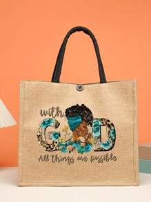 Juego De 2 Bolsas Grandes De Yute De Gran Capacidad Con Estampado De Letras, Bolso De Hombro De Impresión De Letra, Bolso Casual Para Mujeres, Bolsa De Compras Y Regalo. Juego De Bolsas De Yute Con Estampado De Letras, Bolsa De Hombro De Impresión De Letra, Bolsa De Compras De Gran Capacidad Con Monedero. Regalos Para El Día A Día.