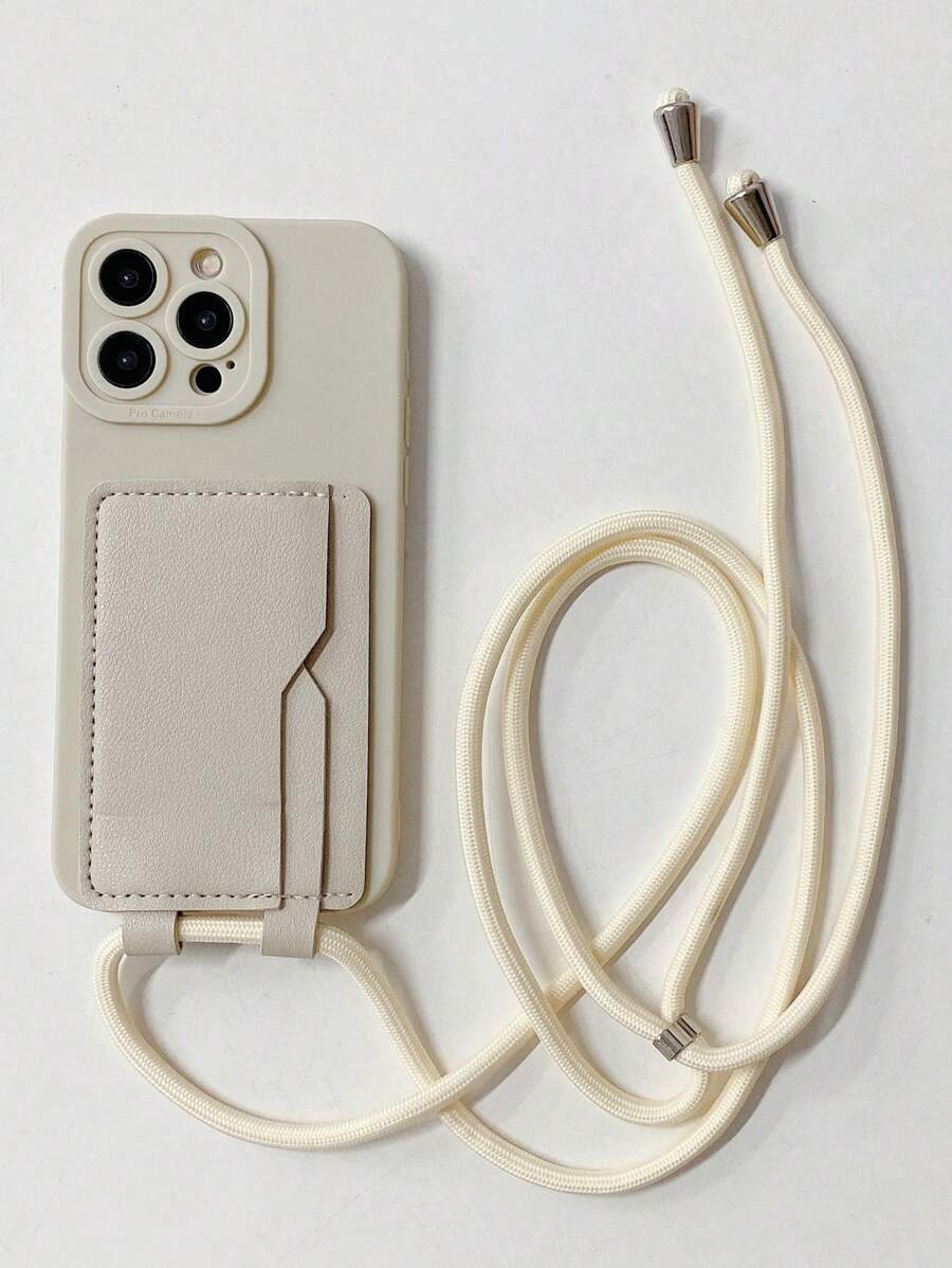 1pc Card Bag Style Jute Rope Shoulder/Crossbody Strap, 1pc Sand/Light Pink/Lotus Root Color Angel Eye Flat Edge Raw Material Perforated Anti-Falling Phone Case Compatible With Apple/Redmi/VIVO/Infinix/OPPO/Reno/Realme Waterproof Shockproof Scratch Resistant - Beige - View 1