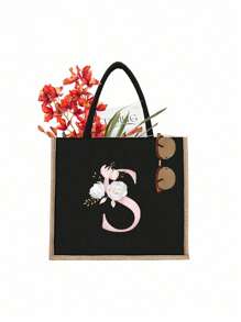 1入粉色字母印花黑色手提袋，黃色亞麻邊緣設計，簡約大方，情人節禮物，女性伴娘個性化結婚禮物袋，化妝包，旅行簡易收納袋，純色化妝品錢包，大容量旅行化妝包：非常適合戶外美容！ 適合婚禮，生日，海灘和假期，是女性，母親，老師，朋友和伴娘的絕佳禮物。 大袋適合學生，回學校和... - 黑色 - 查看 17