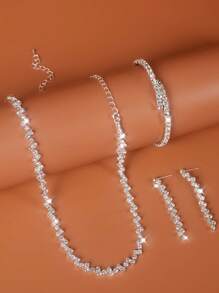 Set De 4 Collares Delicados Decorados Con Cúbico Para Mujeres, Adecuados Para Uso Diario, Bodas Y Fiestas - Plateado - Ver 3