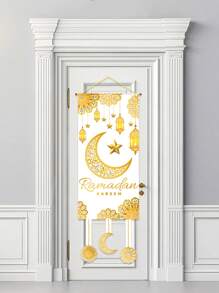 1 pieza Bandera de satén de 39 * 110 cm, ideal para actividades familiares y decoración de fiestas, con estampado de luna y estrella doradas, decoraciones perfectas para el Ramadán, Ramadán, Eid Mubarak