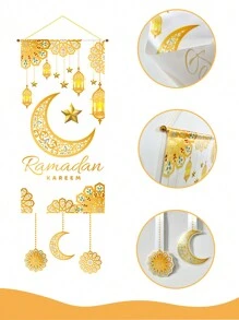 1 pieza Bandera de satén de 39 * 110 cm, ideal para actividades familiares y decoración de fiestas, con estampado de luna y estrella doradas, decoraciones perfectas para el Ramadán, Ramadán, Eid Mubarak