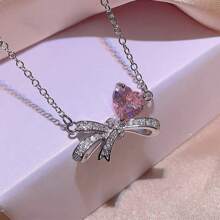 4 peças/conjunto de colar, anel e brincos de nó de laço em forma de coração rosa, leve e luxuoso. Presente ideal para mulheres usarem em ocasiões diárias e também para o dia dos namorados para dar à namorada. Dia dos namorados, mãe, mãe, dia das mães, presente