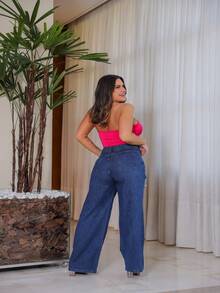 Calca Jeans Feminina Rasgada Pantalona  Wide Leg Lisa Cintura Alta