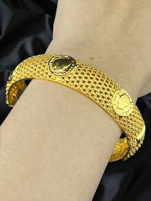 阿拉伯飾品dubai 24k鍍金合金手鐲,婚禮手鐲非洲豪華女性硬手環吸引力阿拉伯手飾品 - 金色 - 查看 3