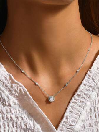 1PC 925 Sterling Silver Solitaire Cubic Zirconia Necklace18k Gold Plated Dainty Necklaces Circle Aesthetic Simple Necklace Jewelry For Women Daily Wear Wedding Party Valentine's Day