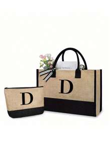 1 套，带化妆包的首字母黄麻/帆布手提包，个性化礼品包，手拿包，带围巾，旅行简易储物包，化妆包，旅行化妆包：非常适合随时随地美容！适合婚礼、海滩、度假，是一份很棒的礼物，妈妈、老师、朋友、包、送给老师的礼物，适合少女、女大学生，非常适合办公室、大学、中学、高中、工作、商务、通勤、体育场、运动、购物、度假，教师节永远最好的教师礼物，最好的教师欣赏礼物 - 卡其色 - 查看 19