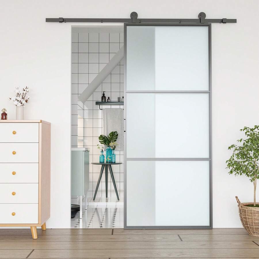 HOMCOM Herraje para Puerta Corredera 200 cm Kit de Accesorios para Puerta Corredera Carga 100 kg con 2 Rieles de Acero al Carbono Guia para Puerta de Granero 200x40x0,6 cm Negro - Negro - Ver 1