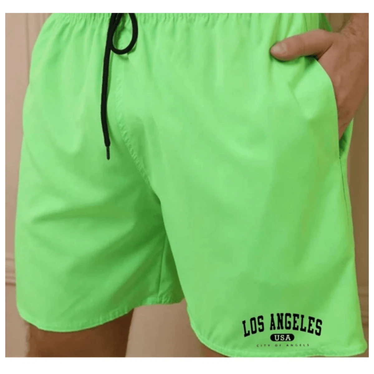 Tactel New Basic Print Los Angeles Bermuda Shorts For Men - Lime Green - View 1