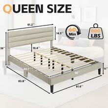 Gunji Queen Bed Frame With Headboard Upholstered Bed No Box Spring Needed, Easy Assemble, Camas Queen Size, Three Size - Màu be - Xem 7