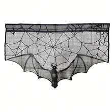 Gothic Black Lace Bat Curtain - Halloween Spider Web  Skeleton Panel For Home Party Decor, 1pc - Black - View 2